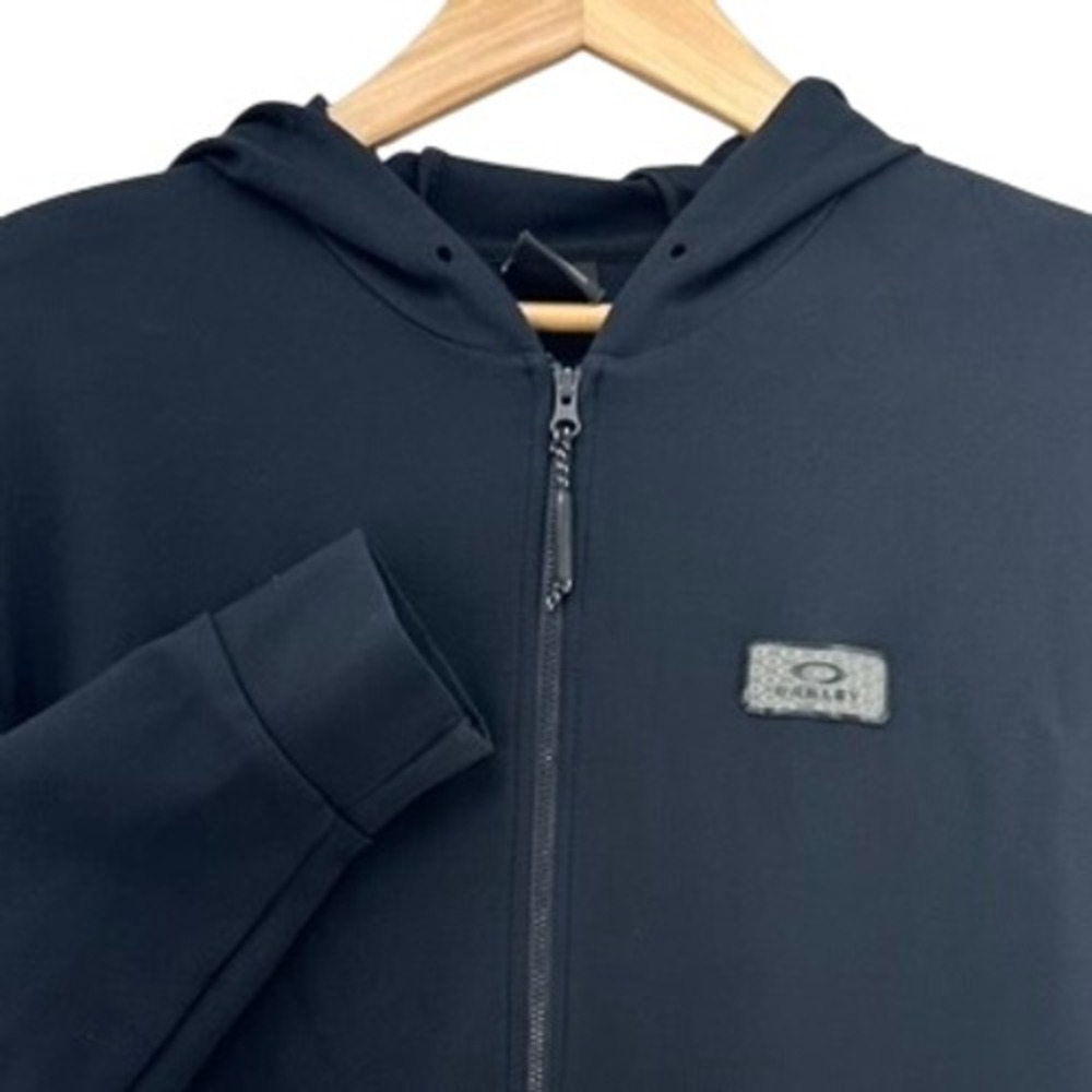 Oakley Mens Full Zip Hoodie Black Regular Fit Logo Patch SZ XL Stretch Baggy Gym